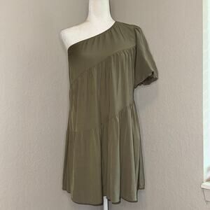 KIRUNDO One Shoulder Mini Baby Doll Khaki Green Dress Boho Women's Size Small